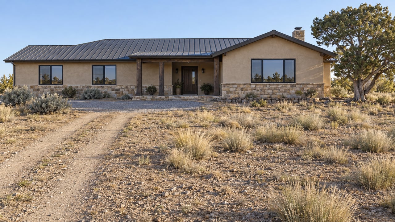 Sand-colored ranch house with a dark metal roof, set beyond worn tire tracks in open, scrubby ground.