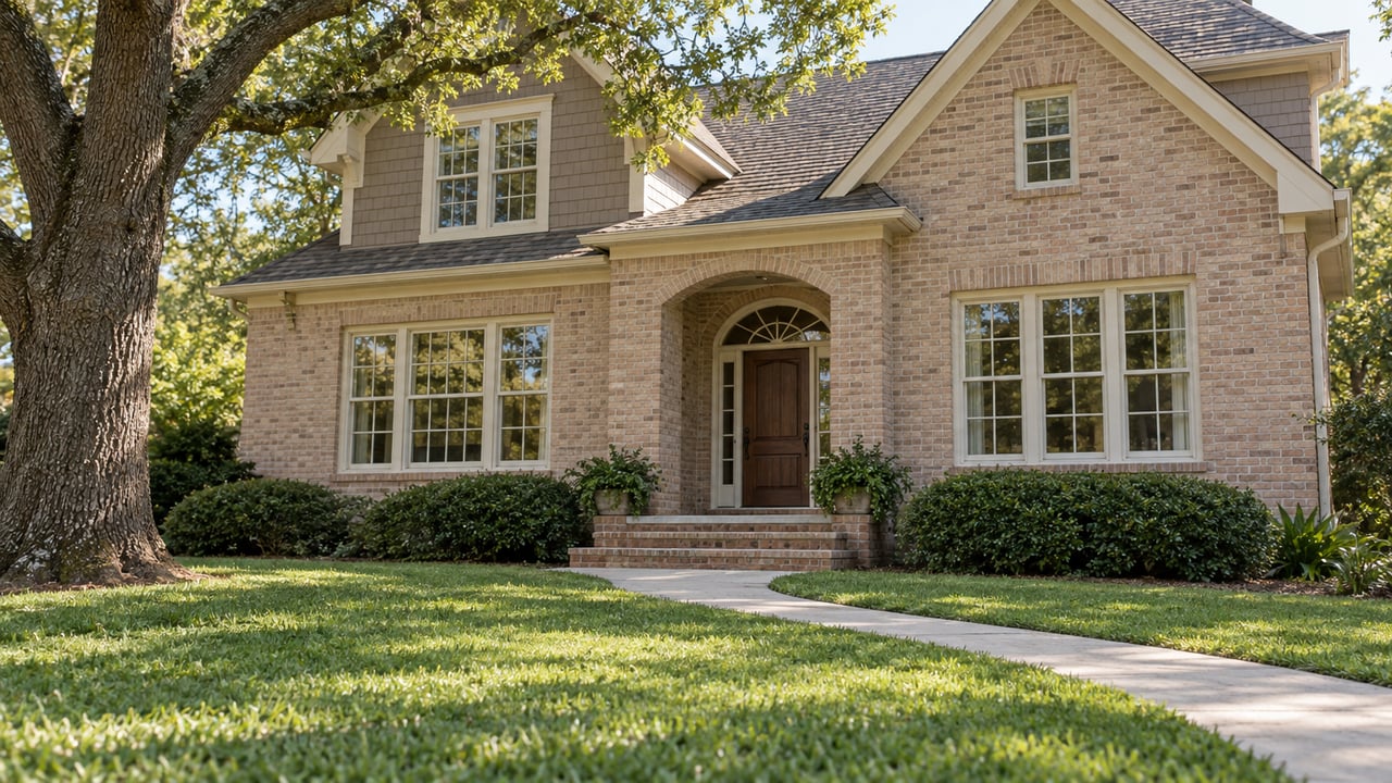 Two-story tan brick house with shingled gables, arched entry, curving walk, and oak tree.