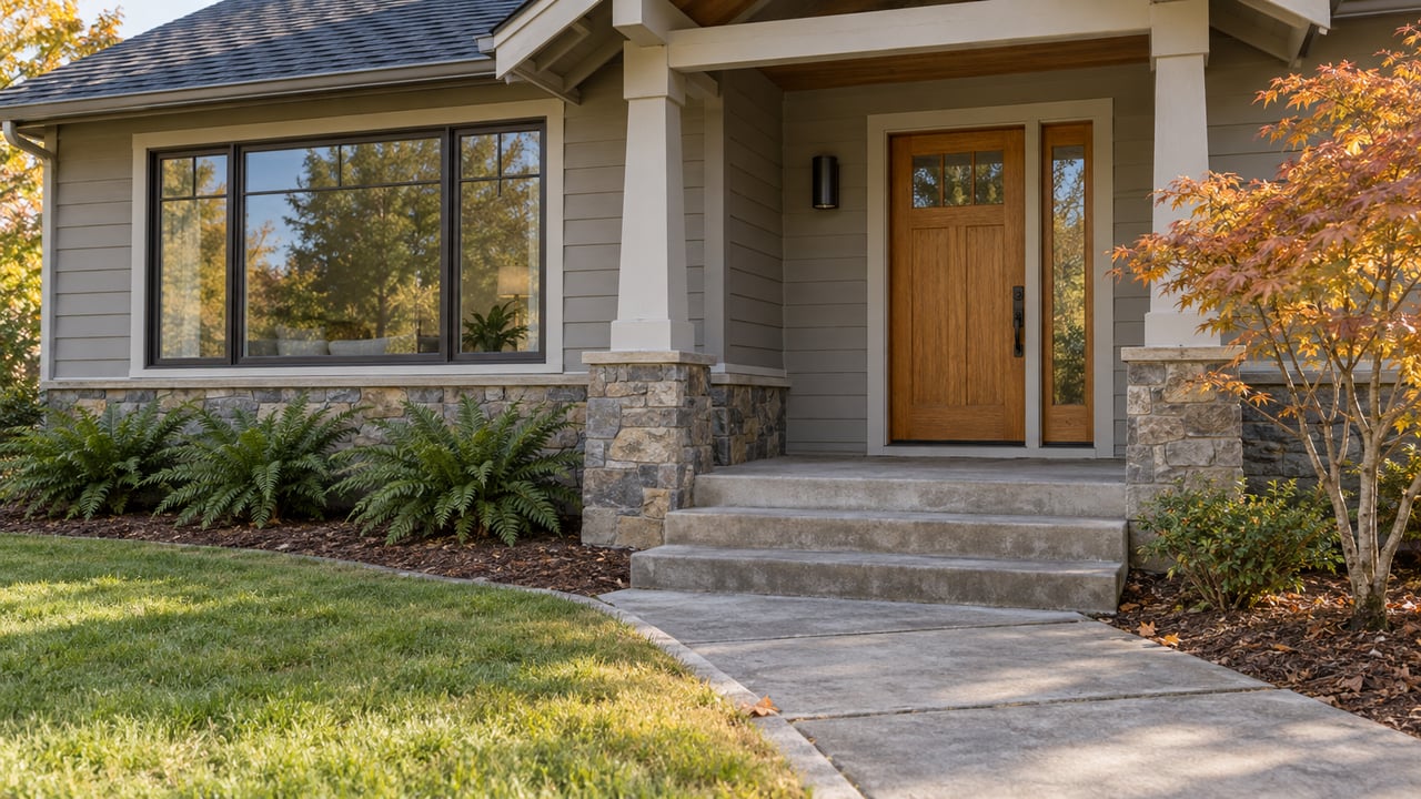 A sheltered front entry with gray lap siding, an oak door, concrete steps, and an autumn vine maple beside the landscaped approach.