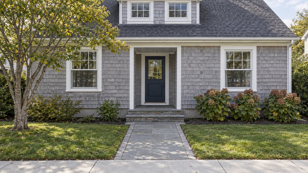 Gray-shingled cottage with white window trim, a recessed navy entry door, bluestone steps and a small autumn lawn.