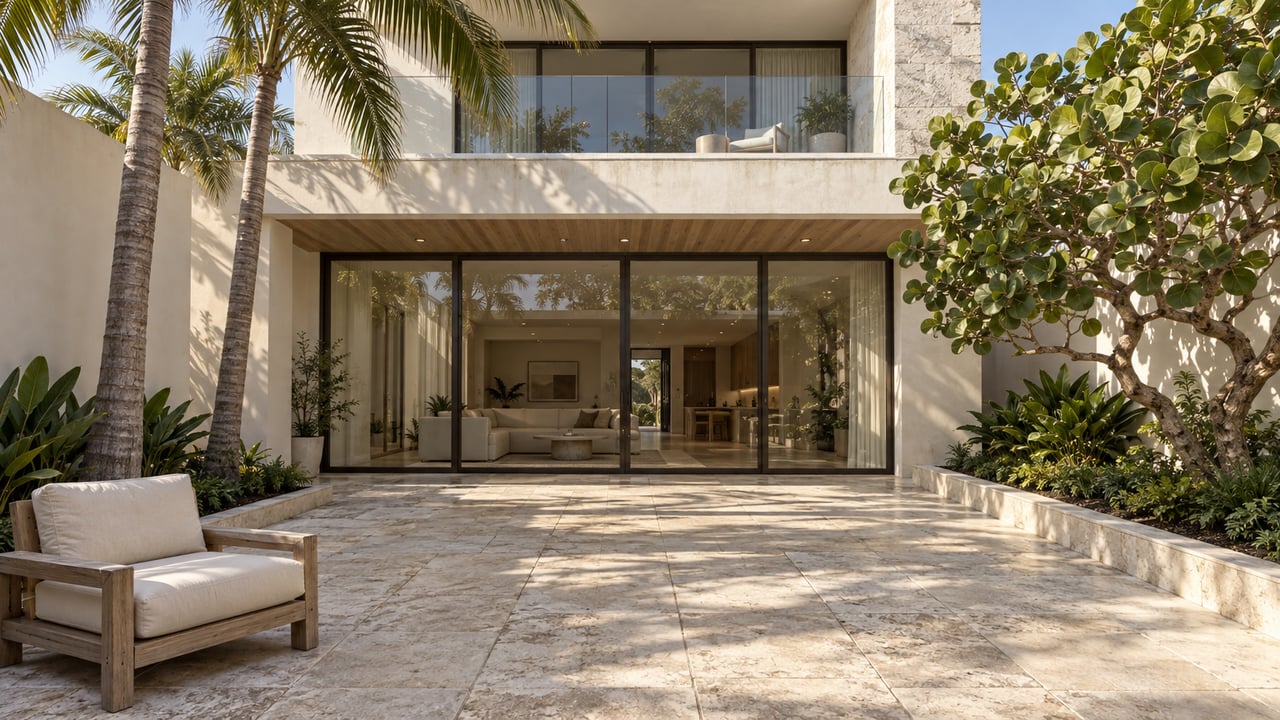 An ivory courtyard residence with bronze-framed glass doors, pale limestone paving, a teak lounge chair and sculptural tropical planting in afternoon light.