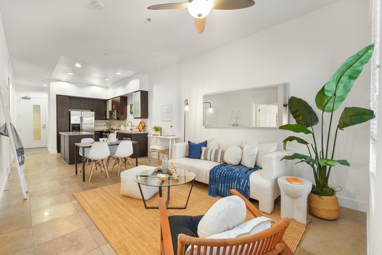 Open living area includes the kitchen and living room