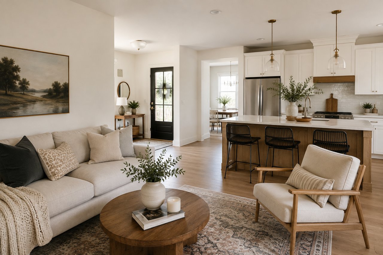 Open-plan living room and kitchen with a cream sectional, wood island, and white cabinetry.