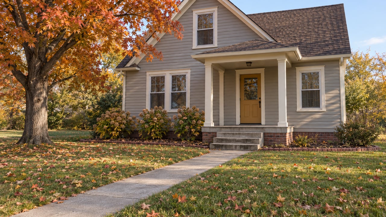 Autumn sunlight on a gray clapboard home with a covered porch, concrete front walk, and orange sugar maple.