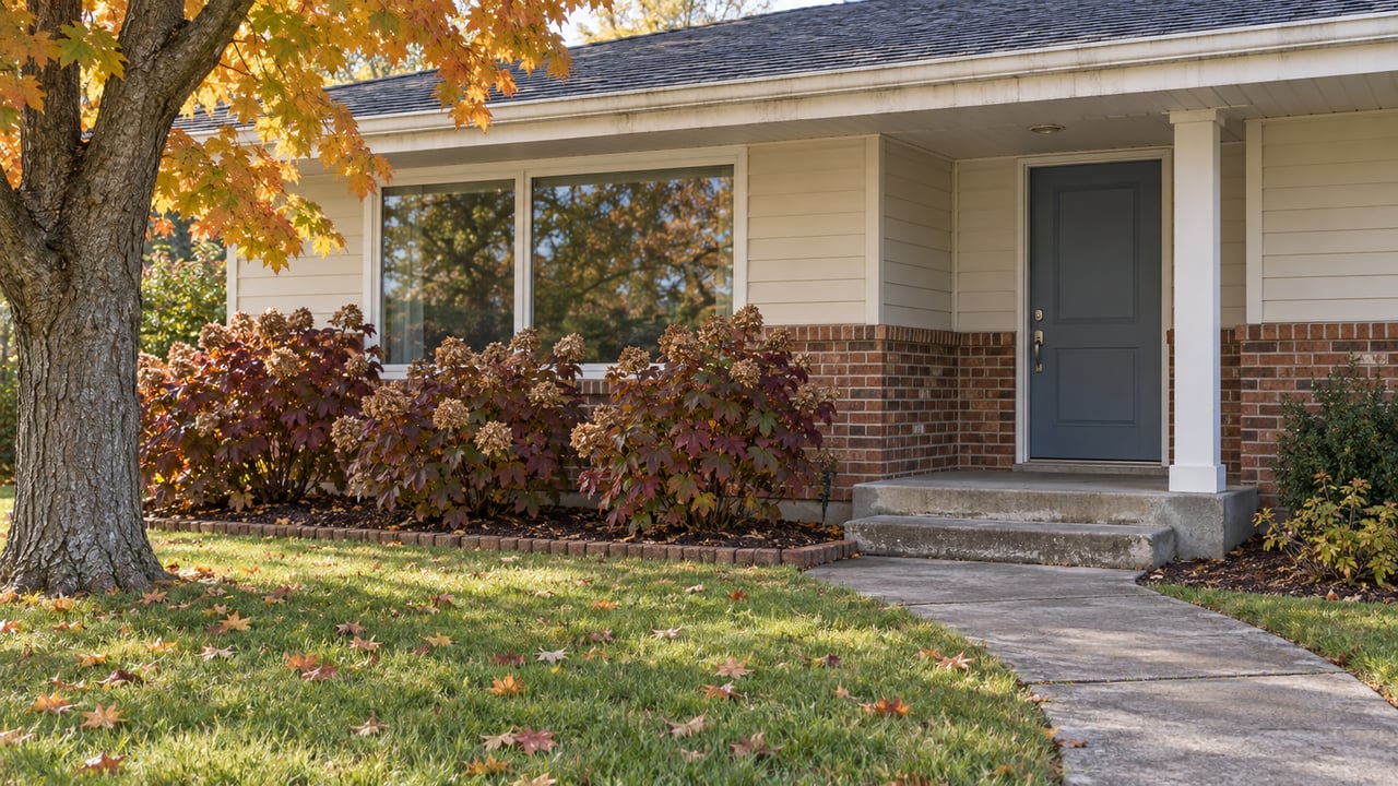 A modest brick-and-cream ranch entrance with a blue door, concrete steps, autumn hydrangeas, and maple leaves on the front lawn.