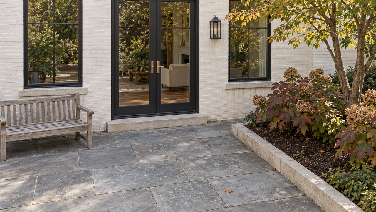 White-painted brick home with black-framed glazed doors, a bluestone terrace, weathered teak bench, and autumn oakleaf hydrangeas.
