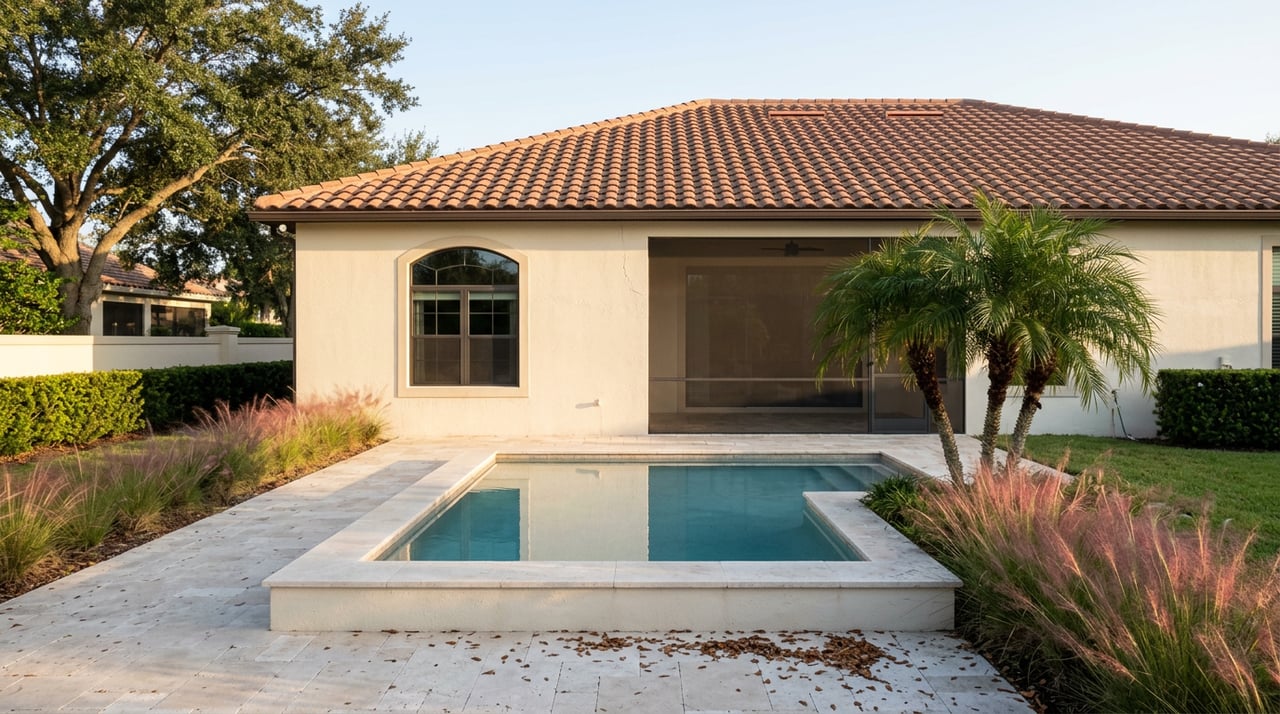 Pool terrace with calm water, travertine deck, cream stucco home, arched window, and palms.