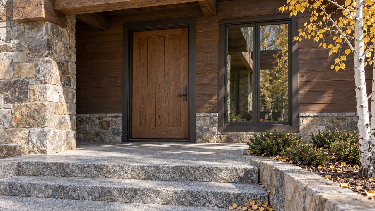 Timber-and-stone home entry with a wood door, bronze-framed window and granite steps beside golden aspen leaves.