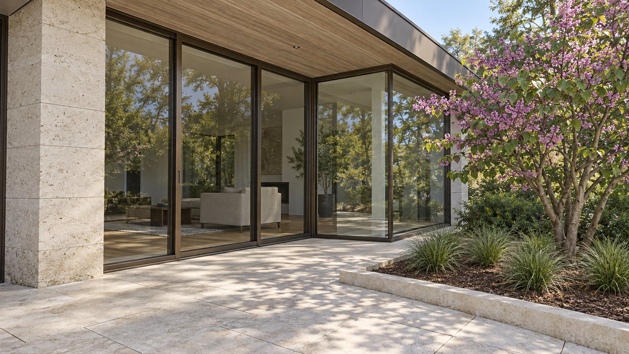 Limestone terrace beside a bronze-framed glass living room, with a cedar soffit and a redbud tree in a raised planting bed.