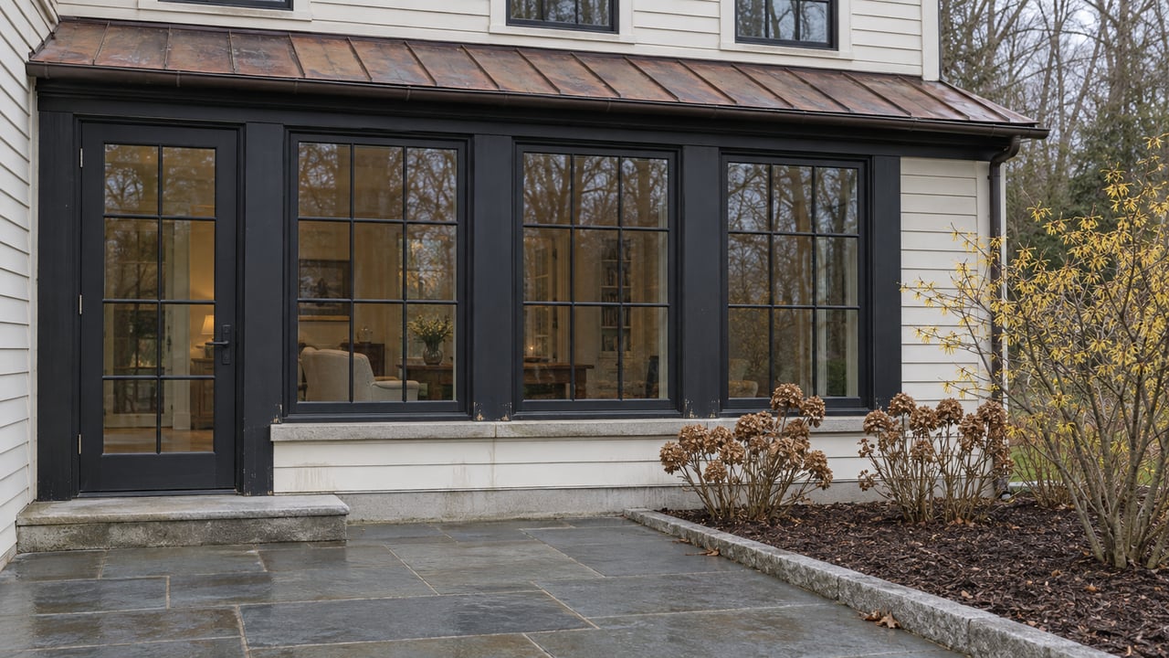 Winter light on an ivory clapboard home with tall glazed windows, a weathered copper porch roof and a bluestone terrace.
