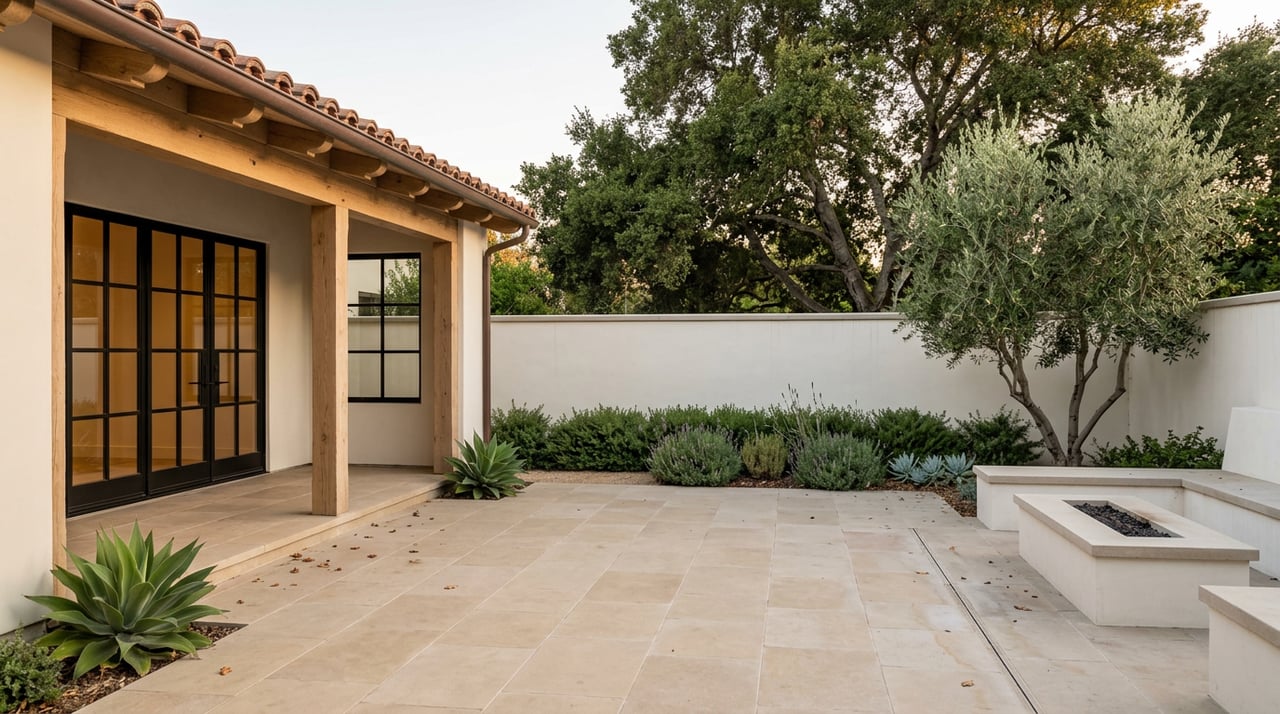 Paver patio with a timber-beamed loggia, black steel doors, stucco bench, and leafy canopy tree.