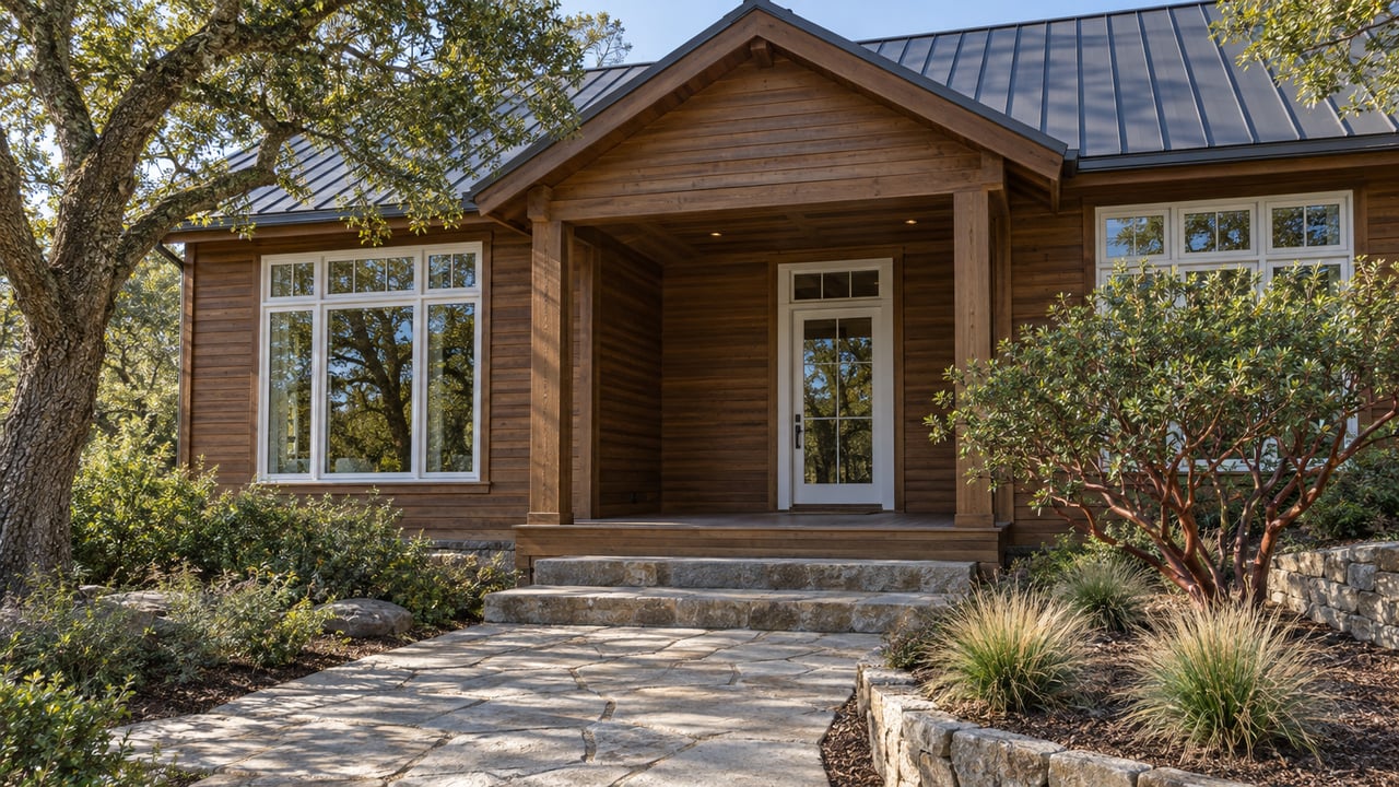 Warm timber-sided home with tall white-trimmed windows, a shaded entry porch and a sandstone path beside oak and manzanita.