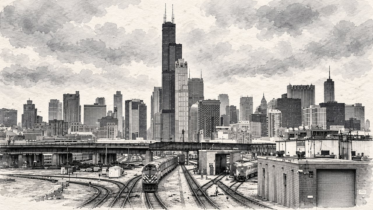 Chicago skyline above railroad tracks and rail yards in a monochrome illustration.