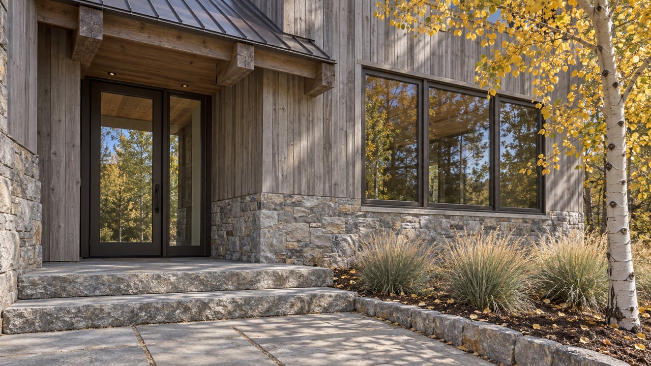 Covered home entrance with weathered cedar, gray stone steps, dark bronze glazing and a golden-leaved aspen tree.