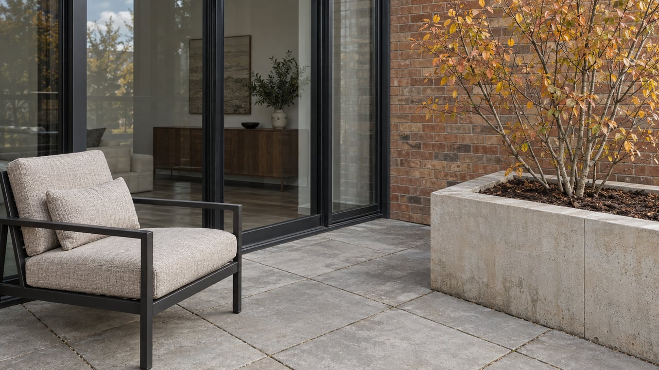A quiet condominium terrace with pale stone paving, one outdoor lounge chair and an amber-leaved serviceberry in a raised limestone planter beside floor-to-ceiling glazing.