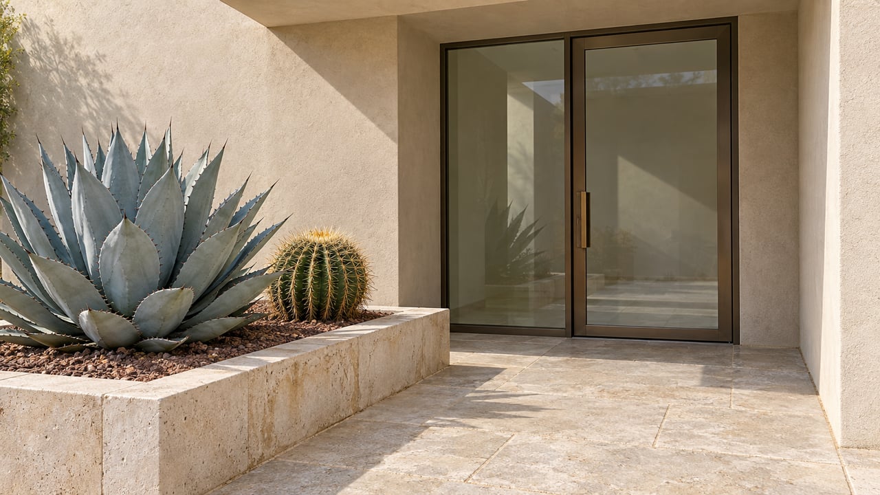 A recessed glazed home entrance with warm plaster, limestone paving, and a raised planter containing a blue-gray agave and amber-spined barrel cactus.
