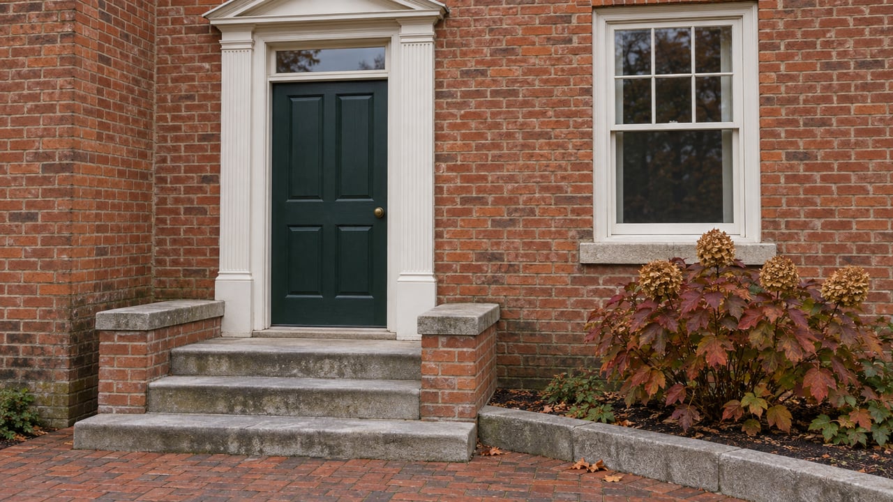 Red-brick townhome entry with a green door, white pilasters, worn limestone steps, and copper-colored oakleaf hydrangea.