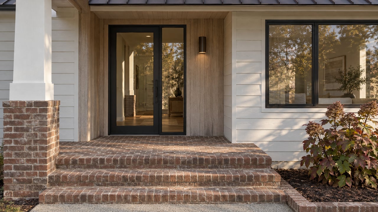 Updated bungalow porch with warm-white siding, black-framed glazed entry, weathered brick steps and autumn oakleaf hydrangea.
