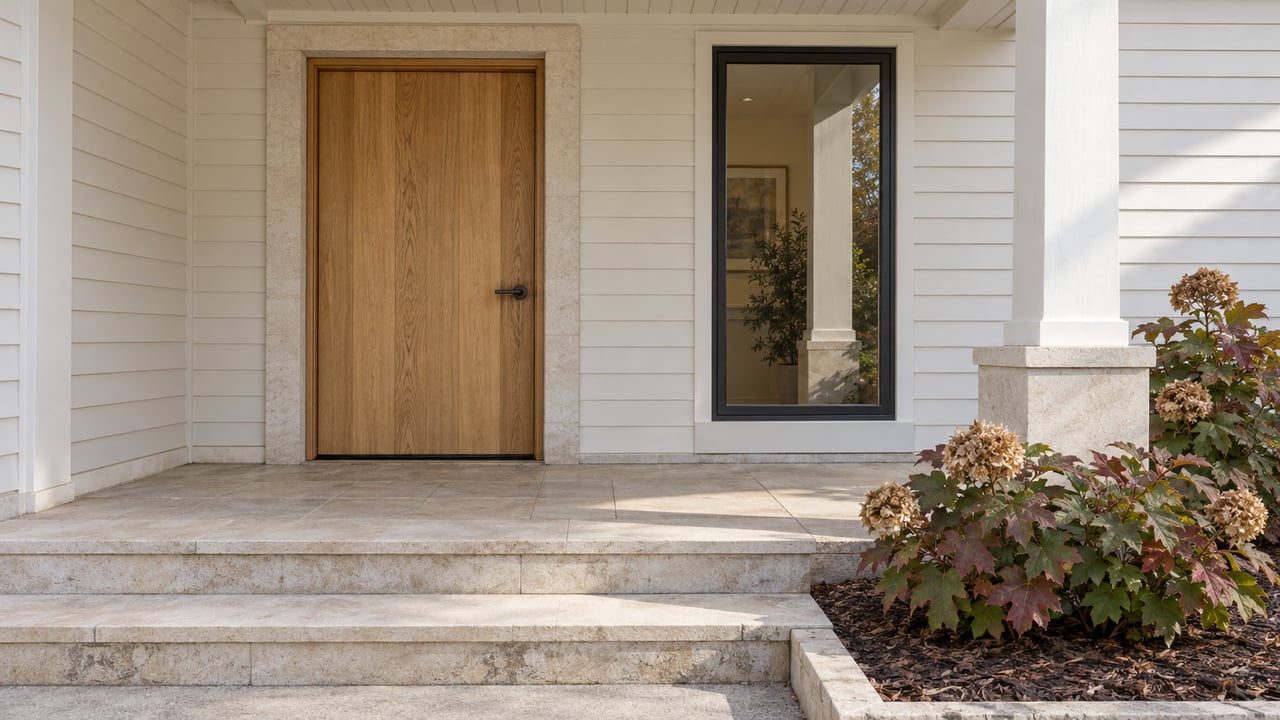 Pale oak front door and tall window beneath a covered porch, with limestone steps and oakleaf hydrangeas beginning to turn burgundy.