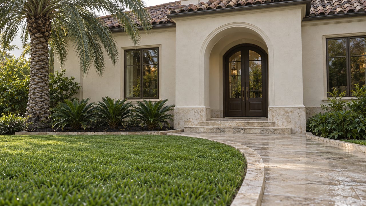 Ivory stucco home with clay barrel tiles, a glazed arched entrance, limestone approach and a specimen palm above a rain-fresh lawn.