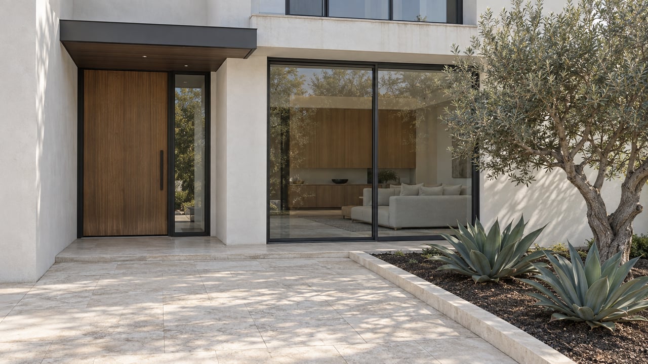 Contemporary white-plaster home with a timber entry door, dark-framed glazing, pale limestone approach, and a sculptural olive tree.