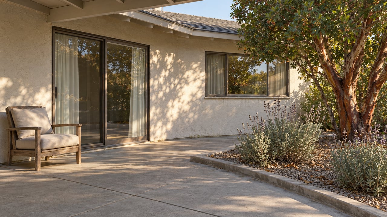 A shaded residential patio with weathered teak seating, off-white stucco, bronze-framed glass doors, and a sculptural strawberry tree.