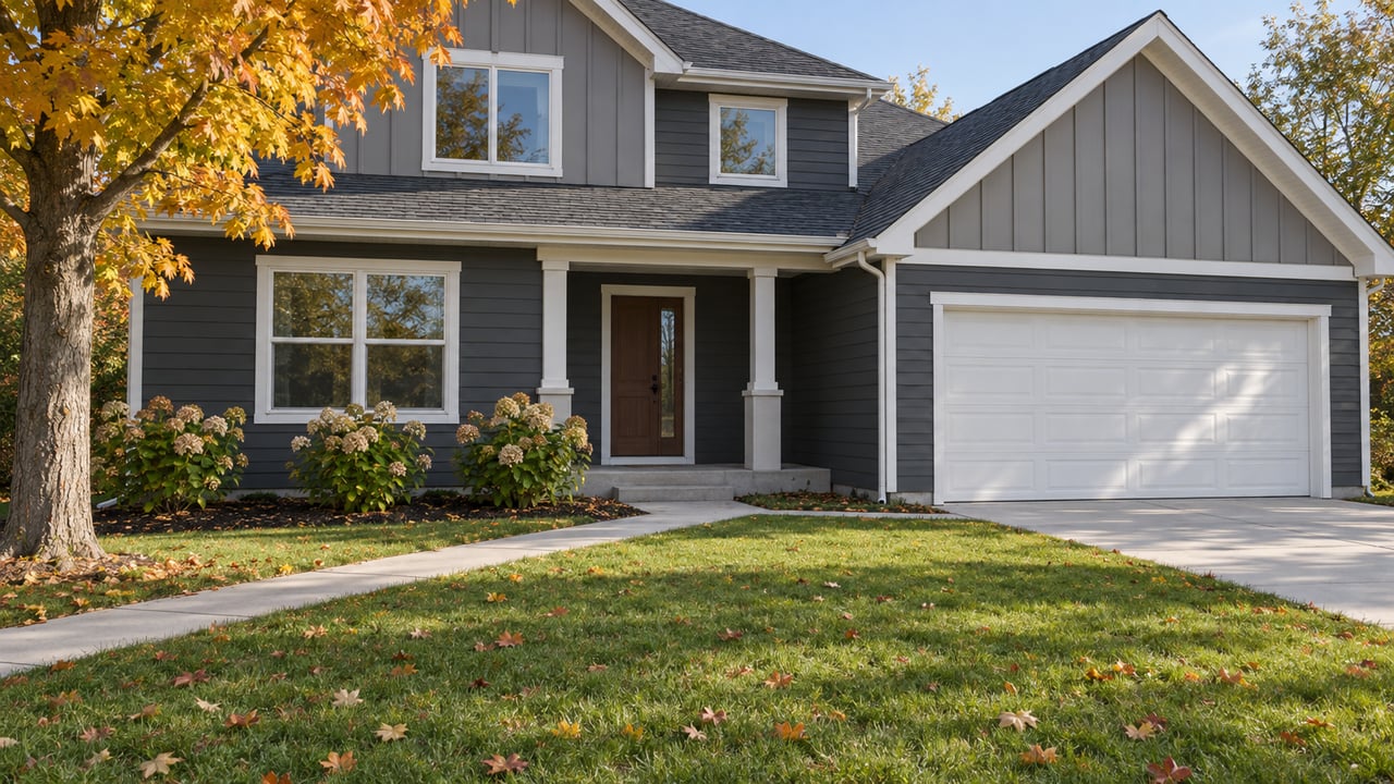 Two-story charcoal-sided home with white trim, a deep autumn lawn, sugar maple and hydrangeas beside a concrete front walk.