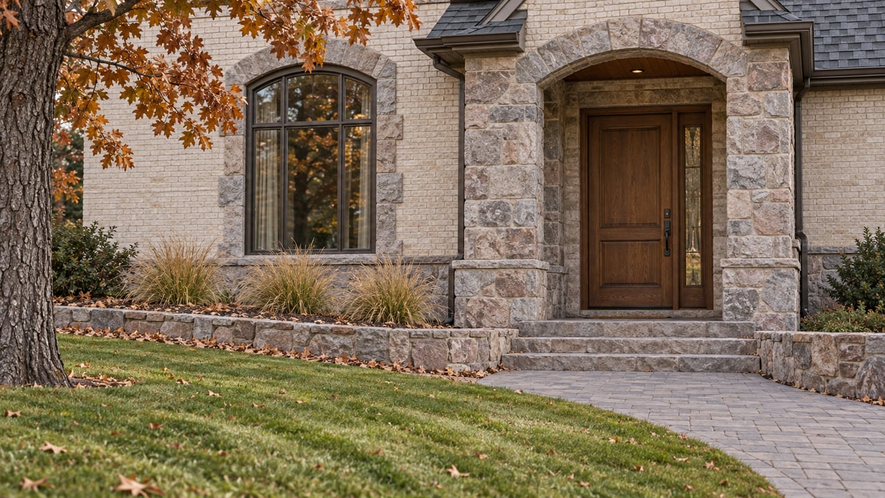 An ivory-brick residence with a quartzite entry, arched window, oak door, and autumn planting beside a gently sloping lawn.