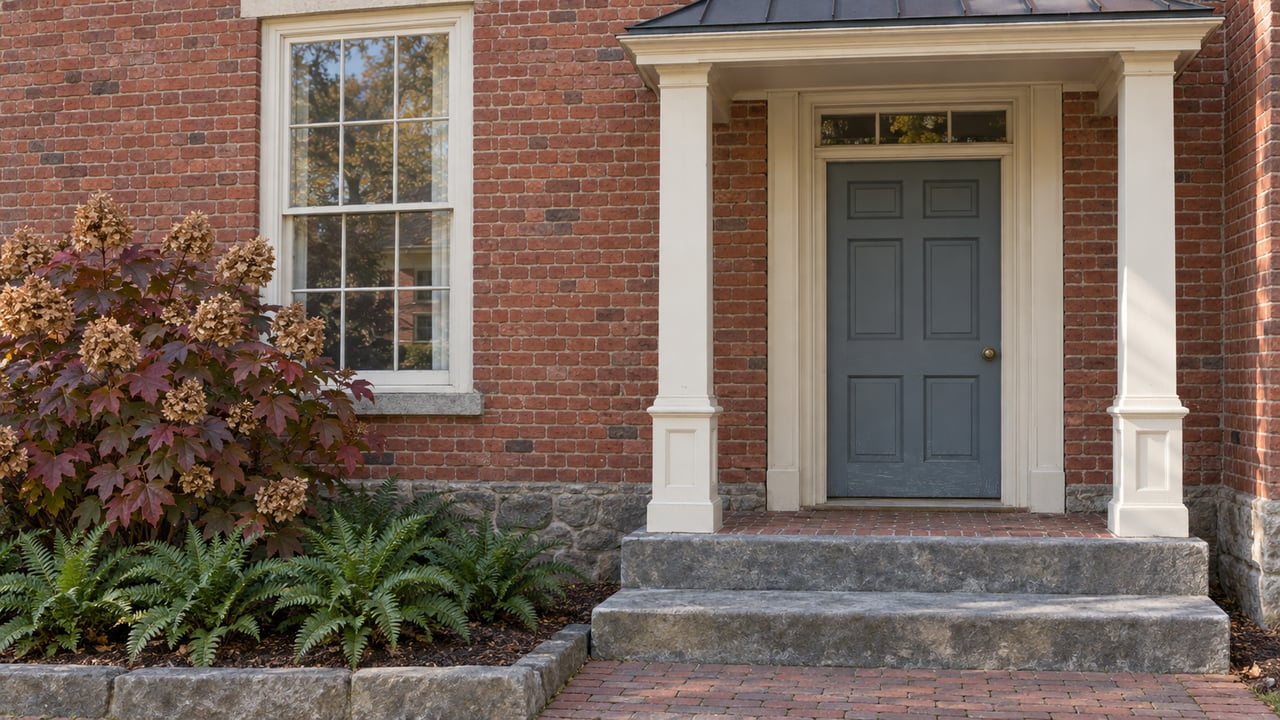 Historic red brick home with a blue-gray paneled door, ivory sash window, worn stone steps and autumn oakleaf hydrangea.