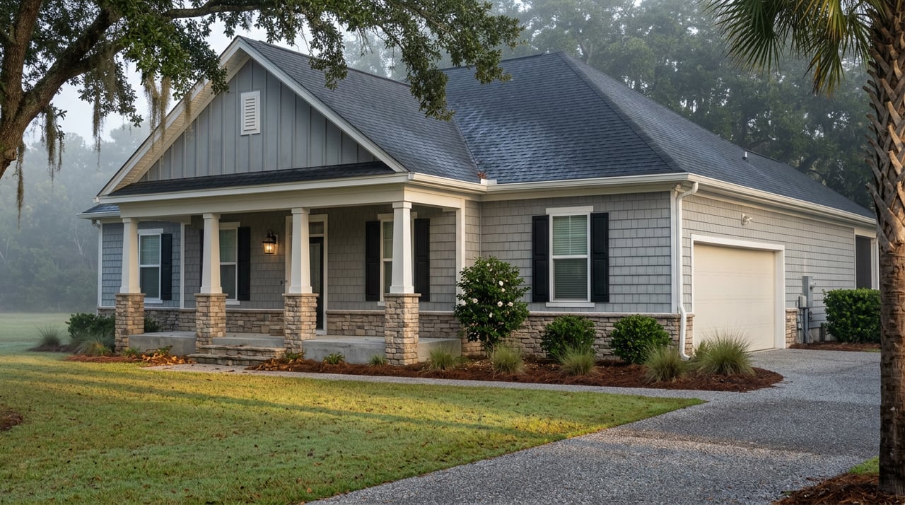 Gray-shingled home with a covered porch, stone base, and dew-covered lawn beneath misty live-oak branches.