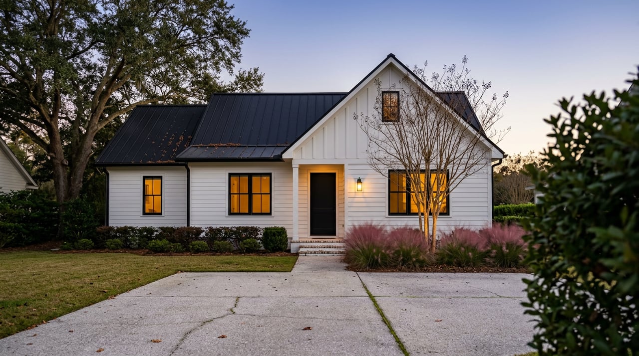 Modern farmhouse with warm glowing windows beneath a blue-hour sky, framed by an oak and autumn grasses.