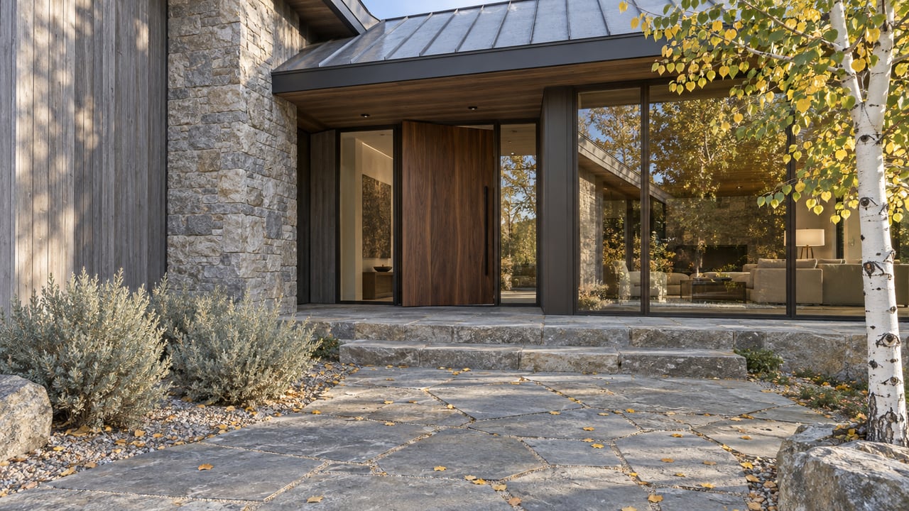 Flagstone approach and raised landing lead to a recessed walnut door beside a glazed living-room bay and white-trunked aspen.