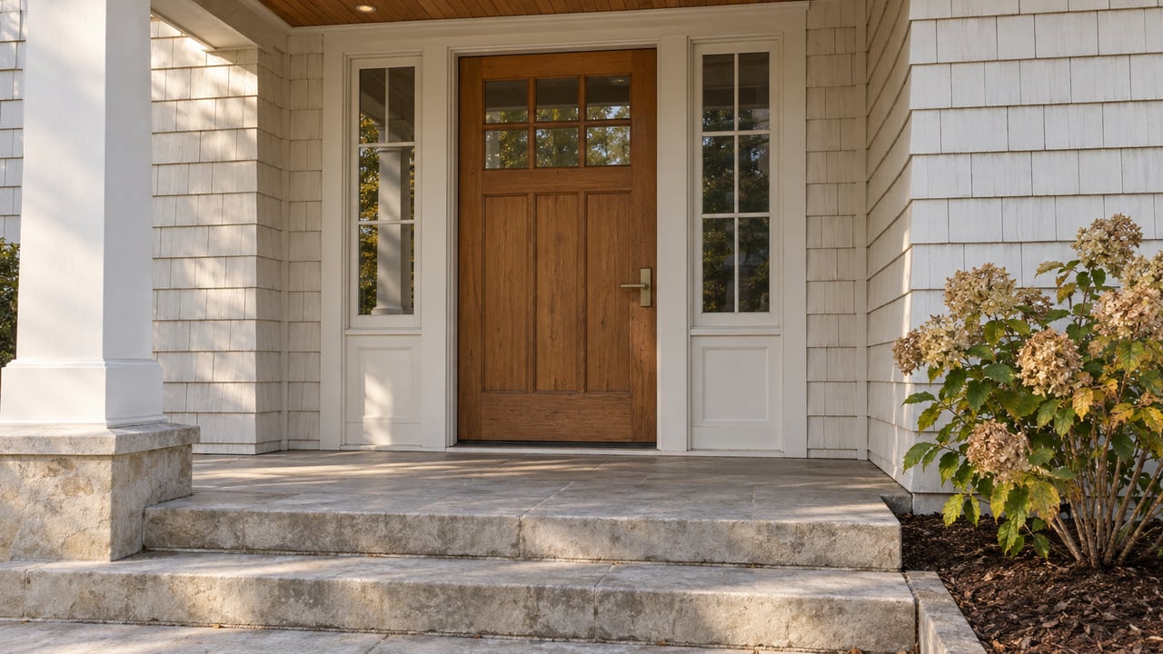 Cedar front door and paired windows beneath a covered porch, with weathered limestone steps and one fading panicle hydrangea.