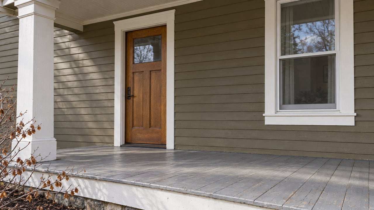 Winter daylight across an olive-brown clapboard entry with an oak door, white porch column and weathered gray floorboards.