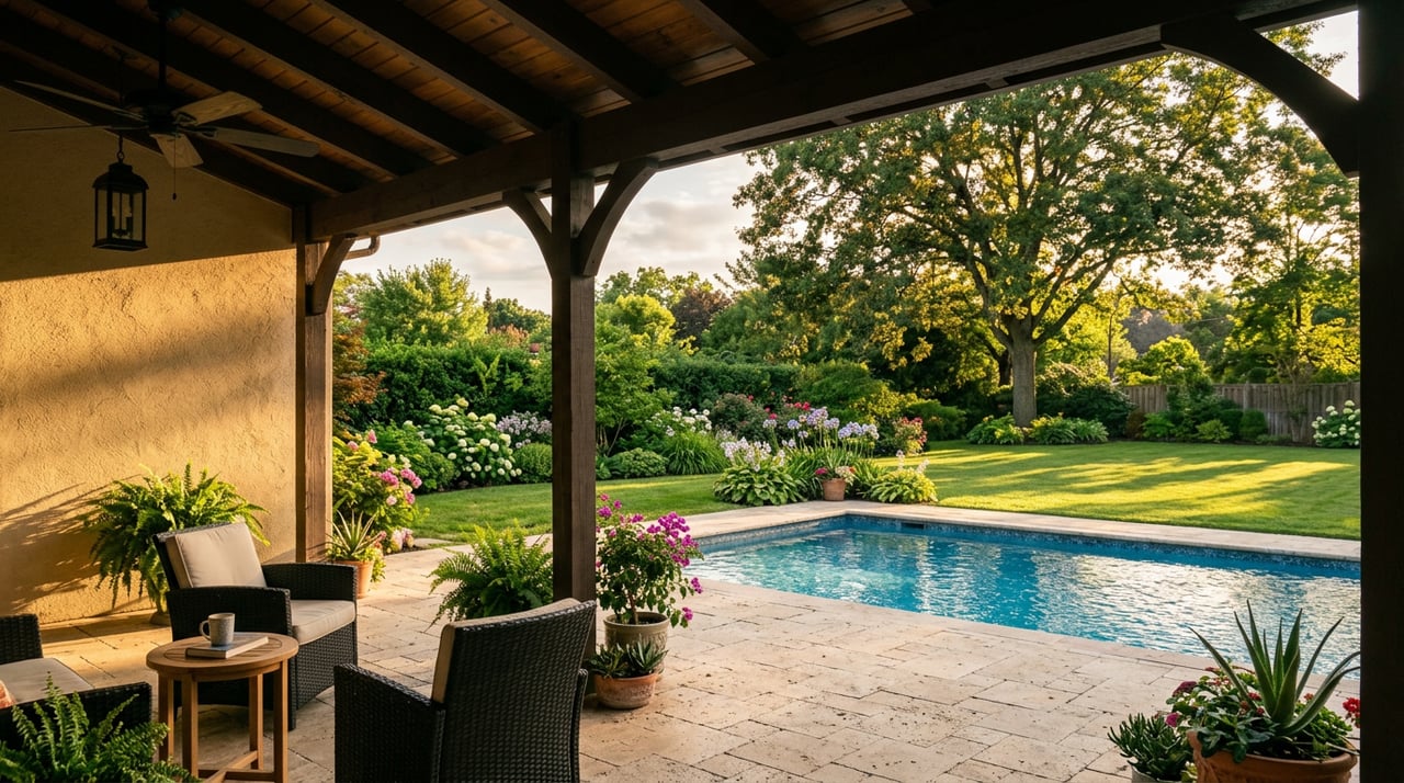 Covered lanai with stucco columns overlooks a rectangular pool, lawn, hedge, and large canopy tree.