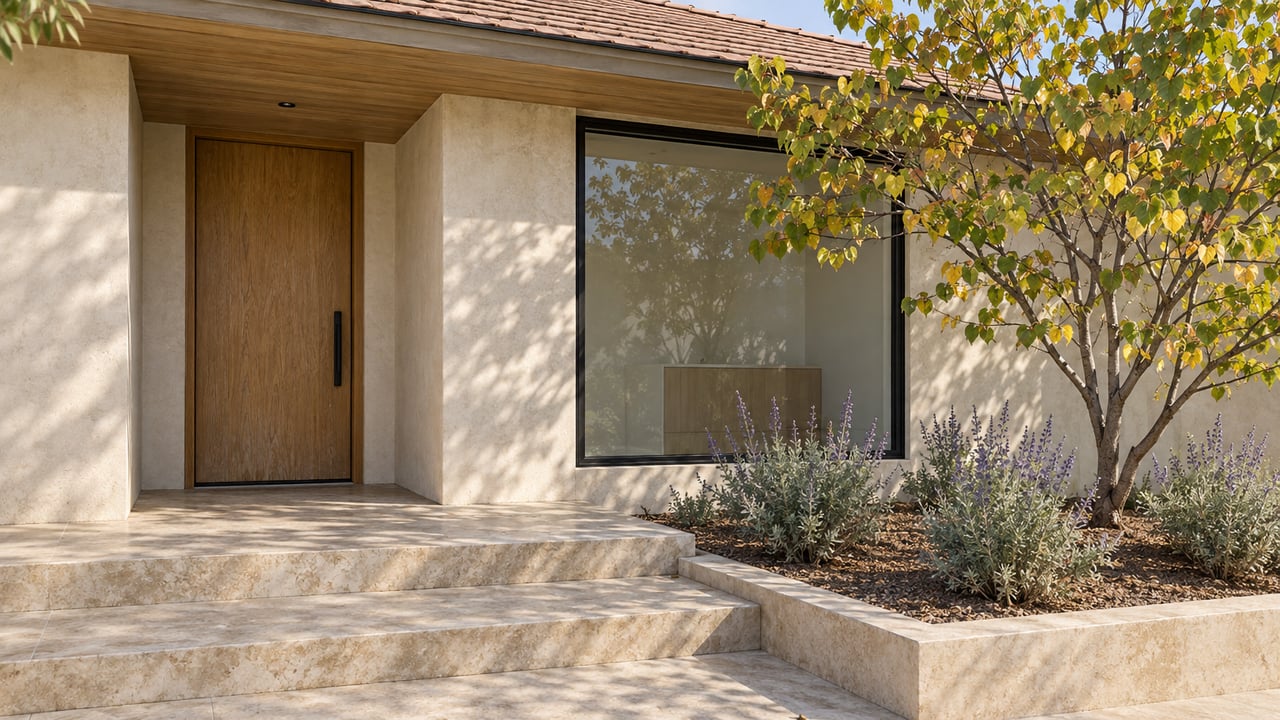 Sunlit plaster home with a recessed oak front door, black-framed window, limestone steps and a redbud in a raised planting bed.