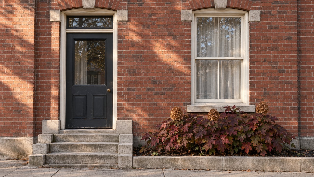 Restored red-brick house entrance with a charcoal timber door, tall ivory sash window, worn limestone steps, and autumn oakleaf hydrangea.