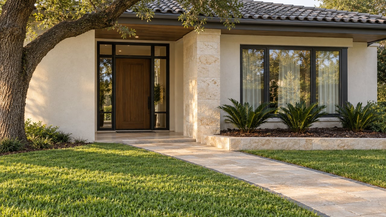 Ivory stucco home with a recessed oak entry, black-framed windows, limestone accents, and a paver walk beside a mature oak.