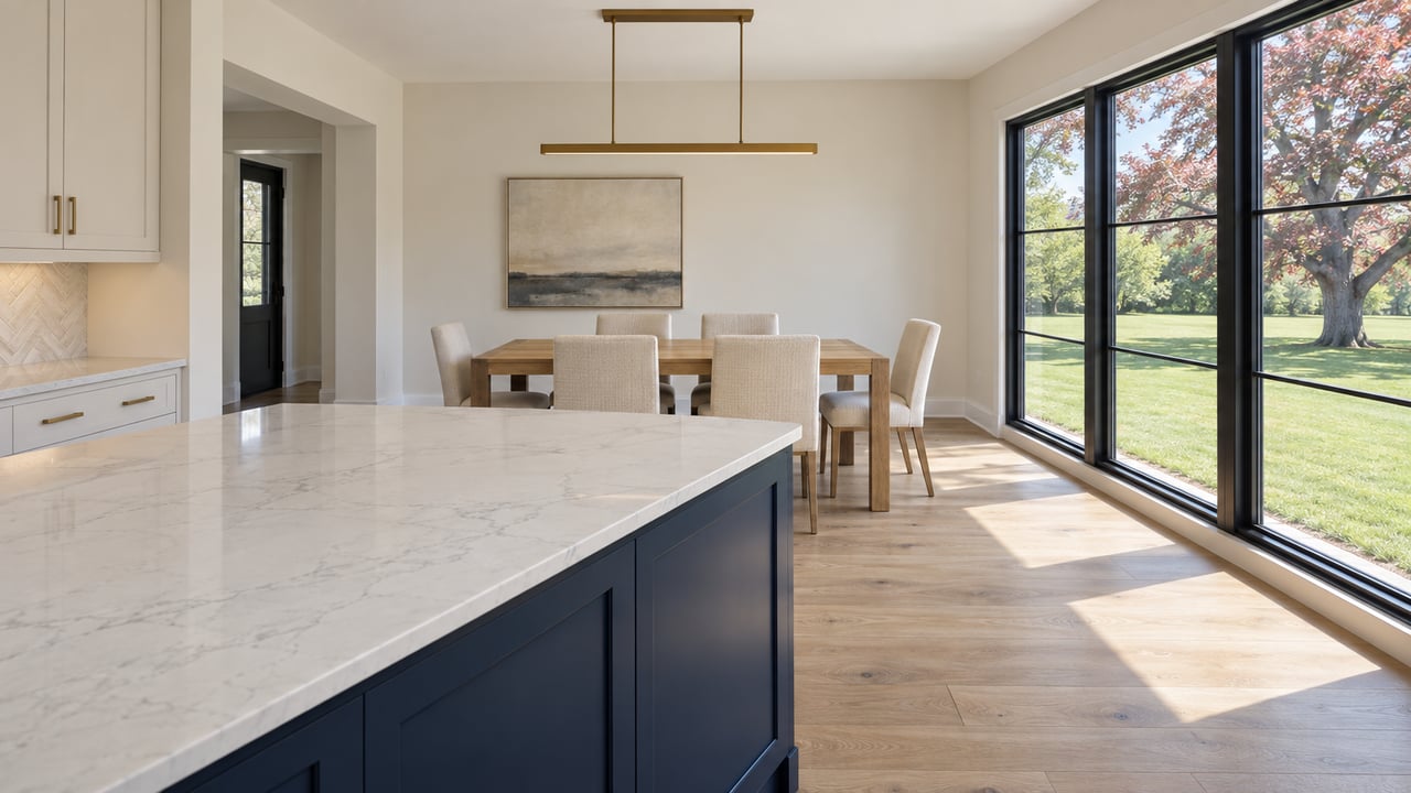 Navy kitchen island faces an oak dining table beside tall black-framed windows overlooking a broad lawn and mature tree.