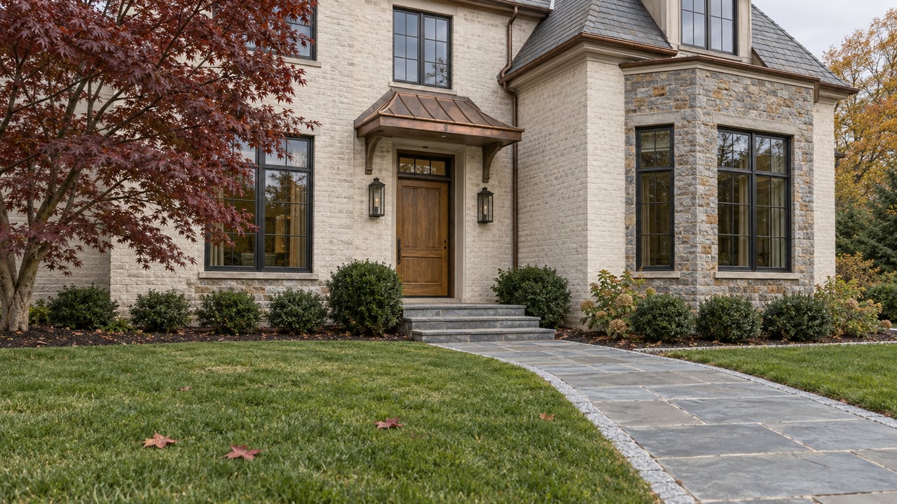 Autumn garden approach to a substantial home with limewashed brick, gray stone, dark-framed windows and an oak entry door.