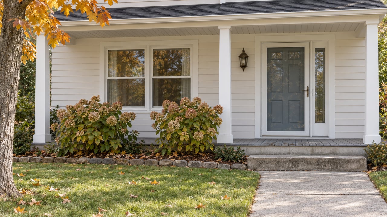 An established clapboard home with a covered front porch, blue-gray door, broad window, autumn maple leaves and a lawn-lined concrete approach.