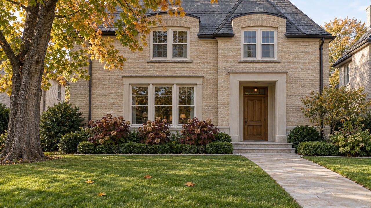 Pale-brick detached house with a steep slate roof, limestone approach and mature maple beside a deep autumn lawn.