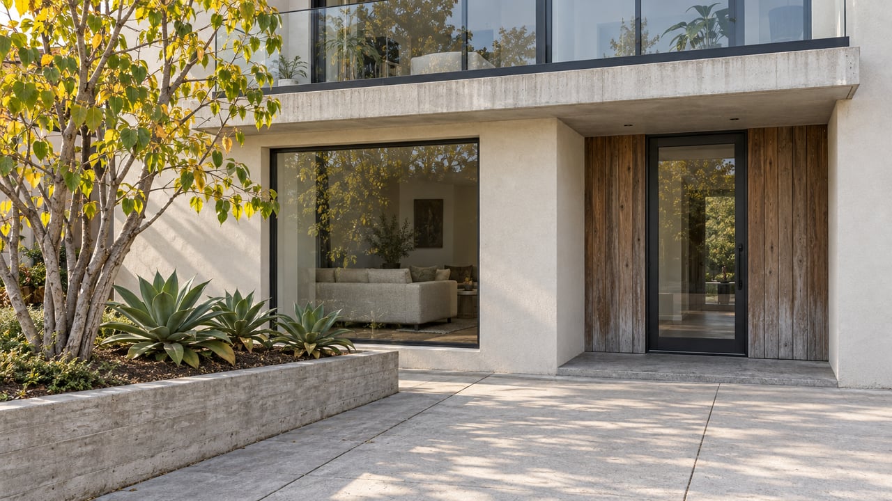 Modern attached-home entrance beneath a concrete balcony, with cedar cladding, black-framed glazing and a raised planter.