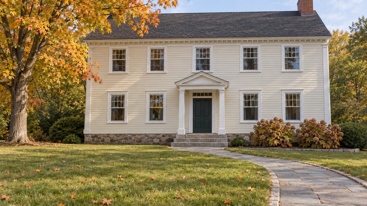 An ivory clapboard Colonial beyond a broad autumn lawn, with a curved bluestone walk, granite entry steps and a mature sugar maple.