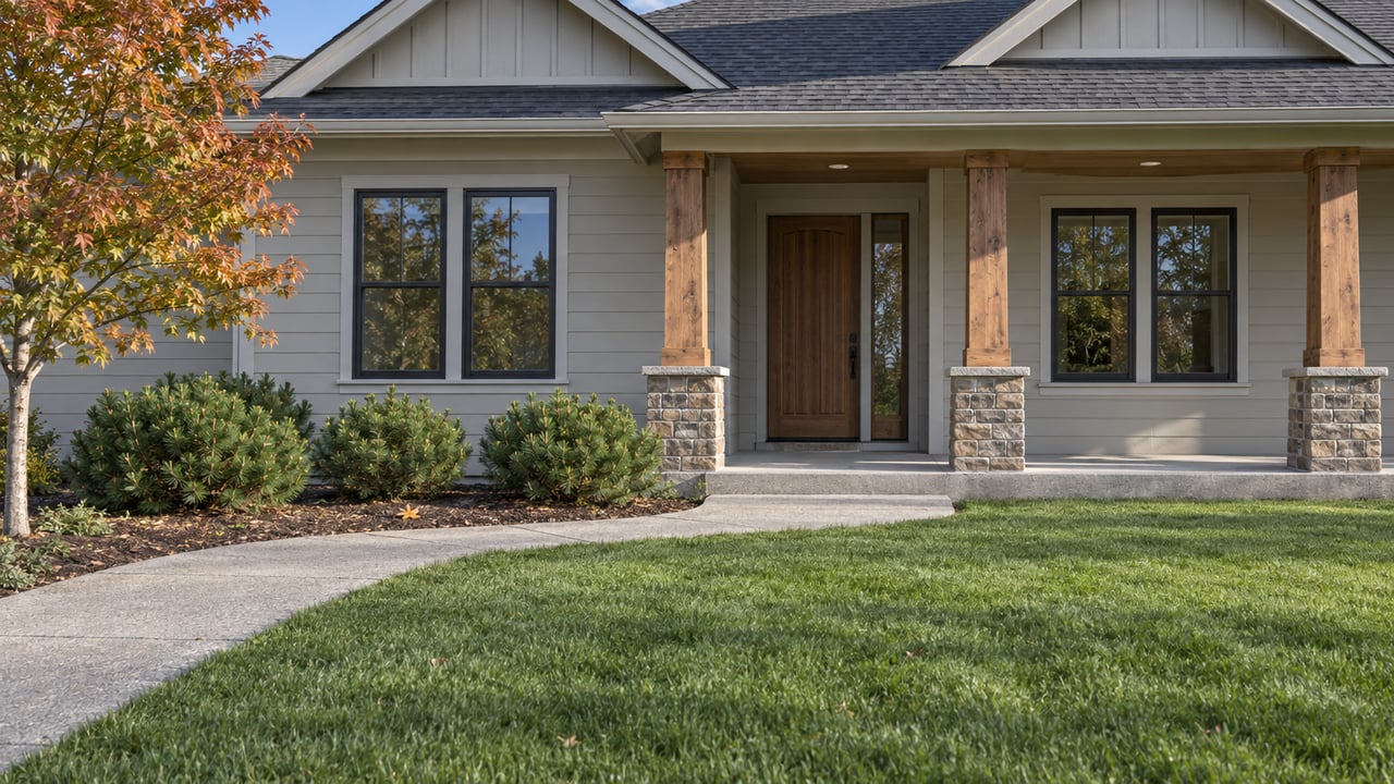 Light-gray gabled home behind a deep lawn, with timber porch posts, taupe stone bases and an autumn maple.