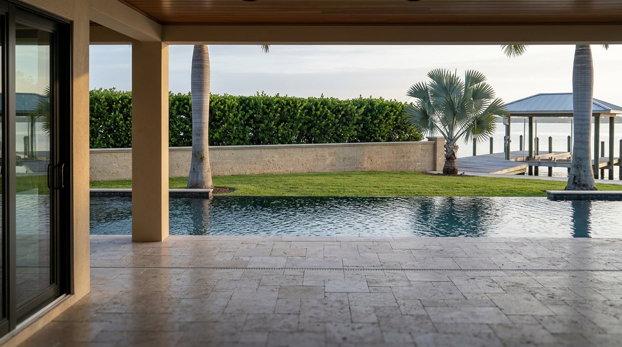 Waterfront pool terrace framed by a loggia, with a lawn, palm trees, clipped hedge, and private dock.