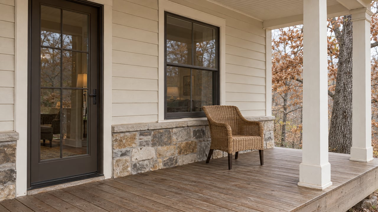 Covered cottage porch with ivory siding, a glazed entry door, limestone base and one woven chair beside a window.