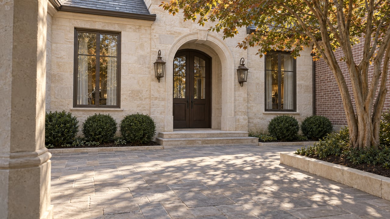 Limestone courtyard entry with an arched oak door, bronze lanterns, gray stone paving and a copper-green specimen tree.