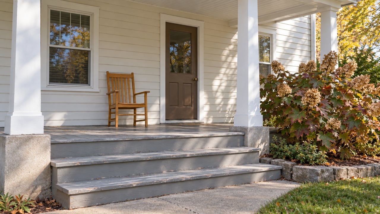 Light-sided home's covered porch with a brown glazed entry door, wooden chair, weathered gray steps and autumn oakleaf hydrangea.
