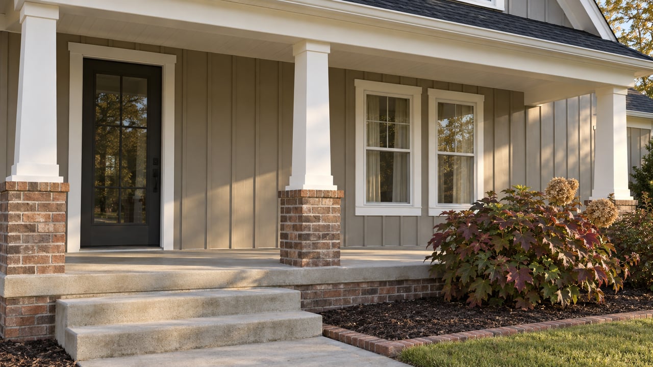 Close view of a taupe board-and-batten home's covered porch, brick foundations, concrete steps and burgundy oakleaf hydrangea in afternoon sunlight.